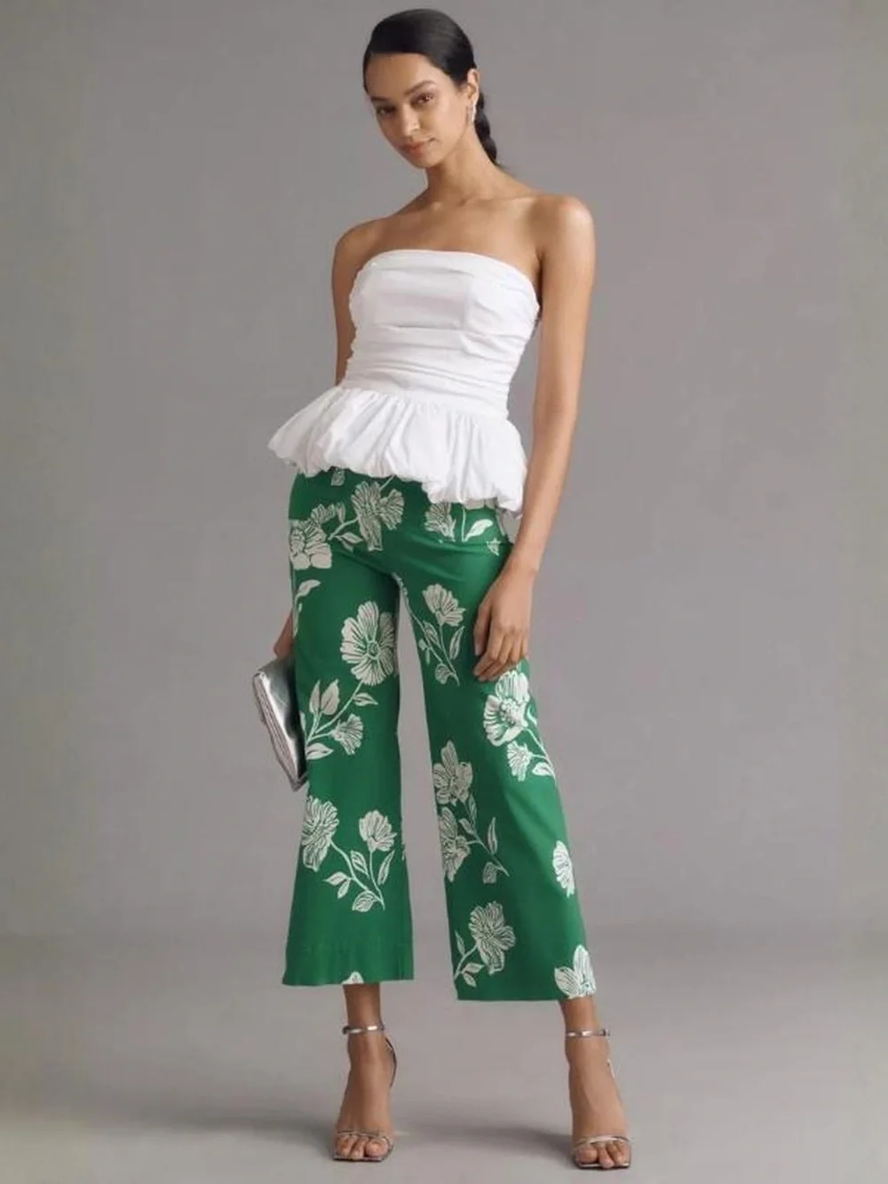 Anthropologie Maeve Colette Green Floral Wide-Leg Cropped Pants - Picture 1 of 5